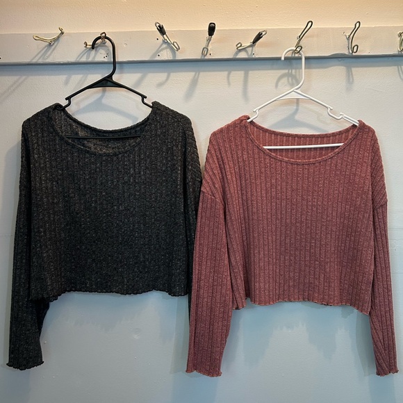Ribbed Long Sleeve Crop Tops - charcoal grey  and mauve Pink - Picture 1 of 7